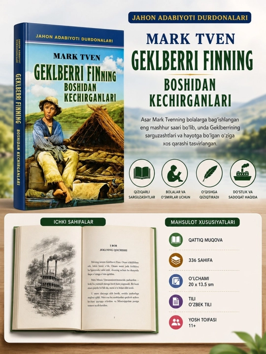 Mark Tven: "Geklberri Finning boshidan kechirganlari" kitobi, o'zbek tilida - 