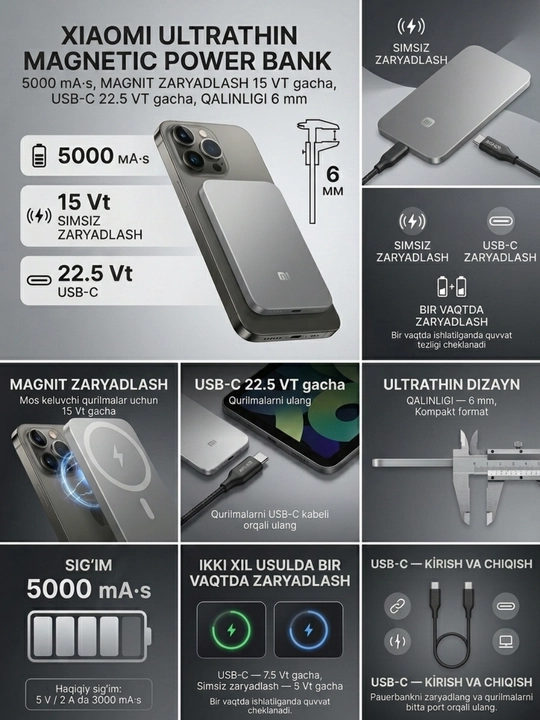 Xiaomi brendining tashqi akkumulyatorlari — UltraThin 5000 (Magnetic), 20000 va 10000 67W