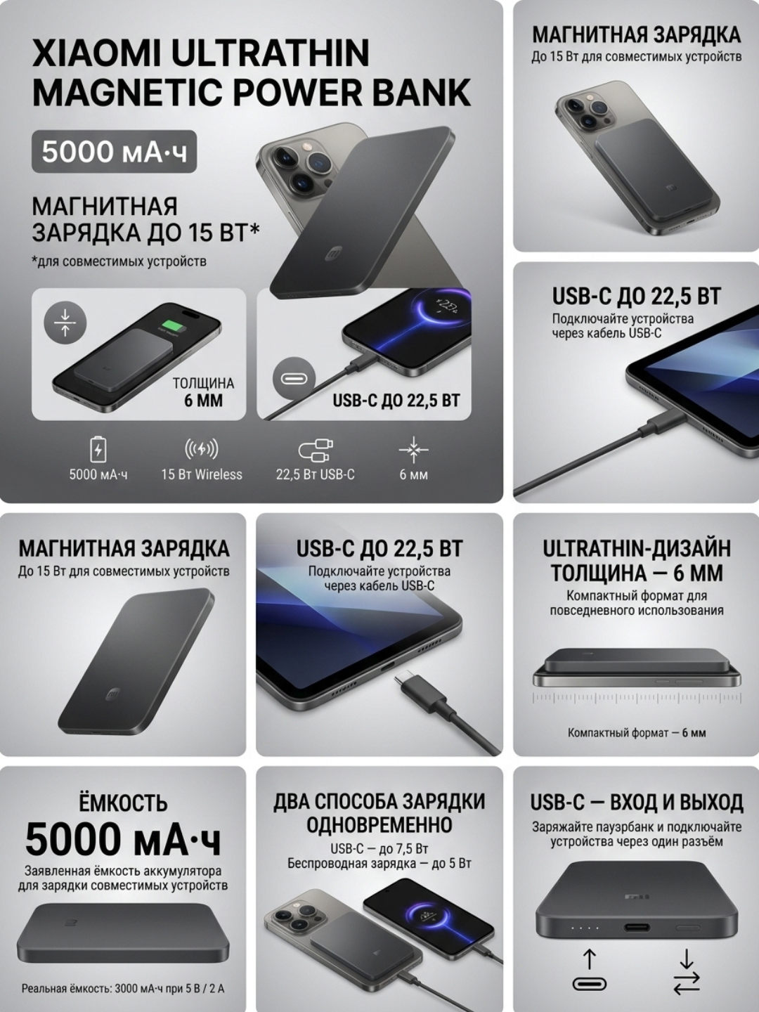 Xiaomi brendining tashqi akkumulyatorlari — UltraThin 5000 (Magnetic), 20000 va 10000 67W