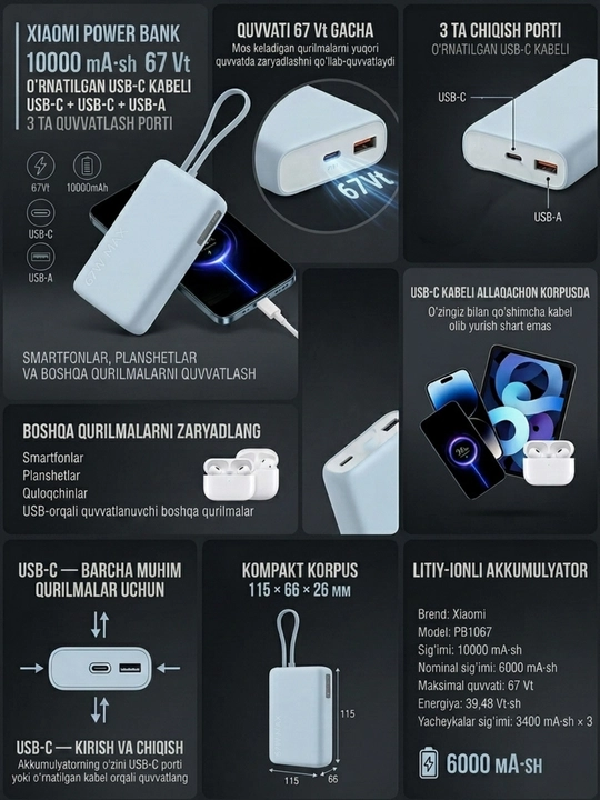 Xiaomi brendining tashqi akkumulyatorlari — UltraThin 5000 (Magnetic), 20000 va 10000 67W