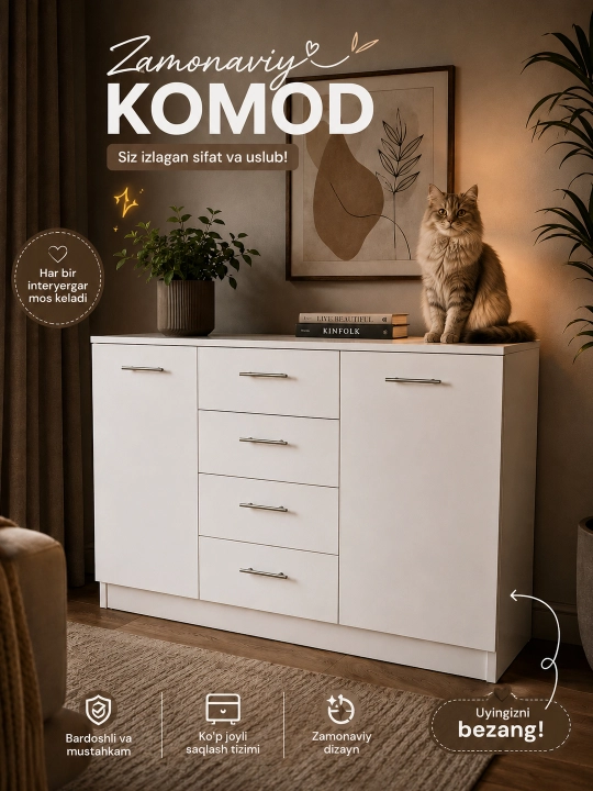 4 ta tortmali va 2 eshikli komod, polkali, yotoqxona va mehmonxona uchun - 