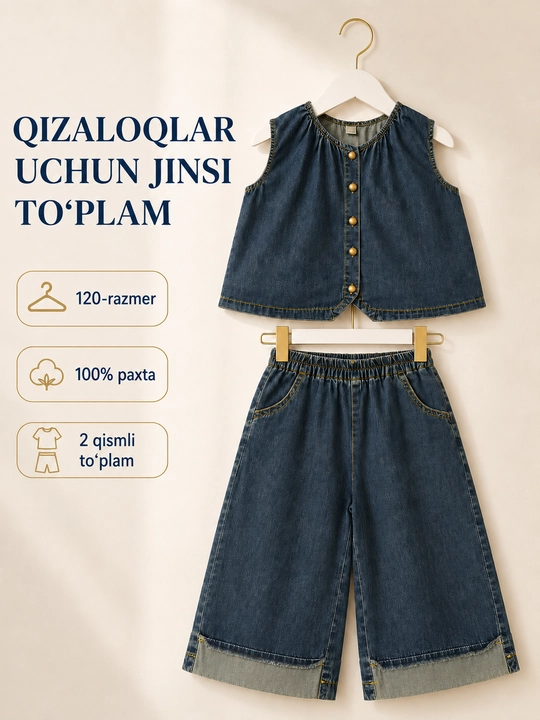 Qizlar uchun yengsiz ustki va keng shimdan iborat jinsi to‘plam