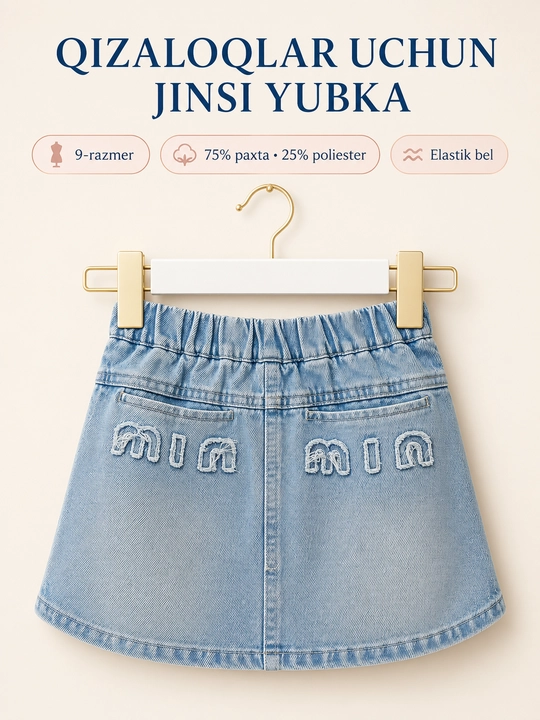 Qizlar uchun elastik belli, harfli applikatsiyali och ko‘k jinsi mini-yubka,
