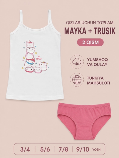 Qizlar uchun mayka va trusik komplekti, mushukchali print, Turkiya - 