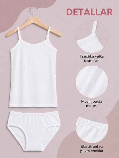 Qiz bolalar uchun oq mayka va trusik to‘plami — 2 xil model - 