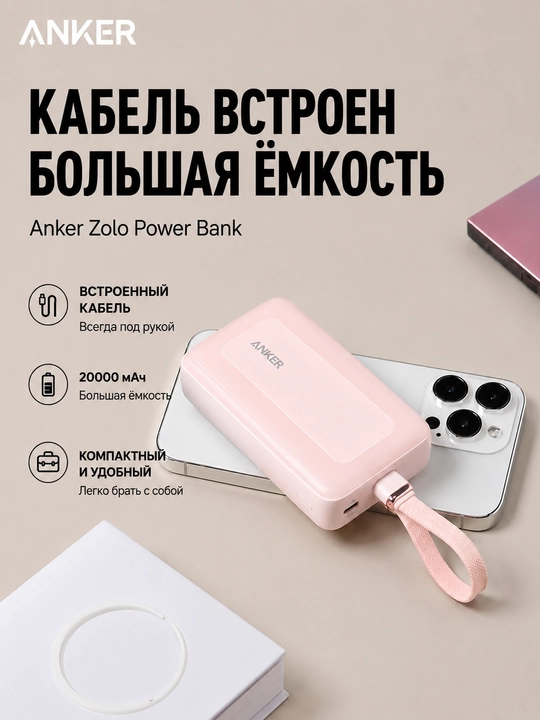 Пауэрбанк Anker Zolo 20000 мА·ч, 30 Вт, со встроенным кабелем Type-C