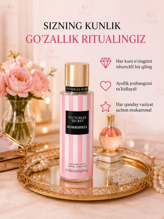 Parfyumlangan tana spreyi suvi Victoria's Secret Spreyi Aqua Kiss Rush, Shimmer, 250 ml