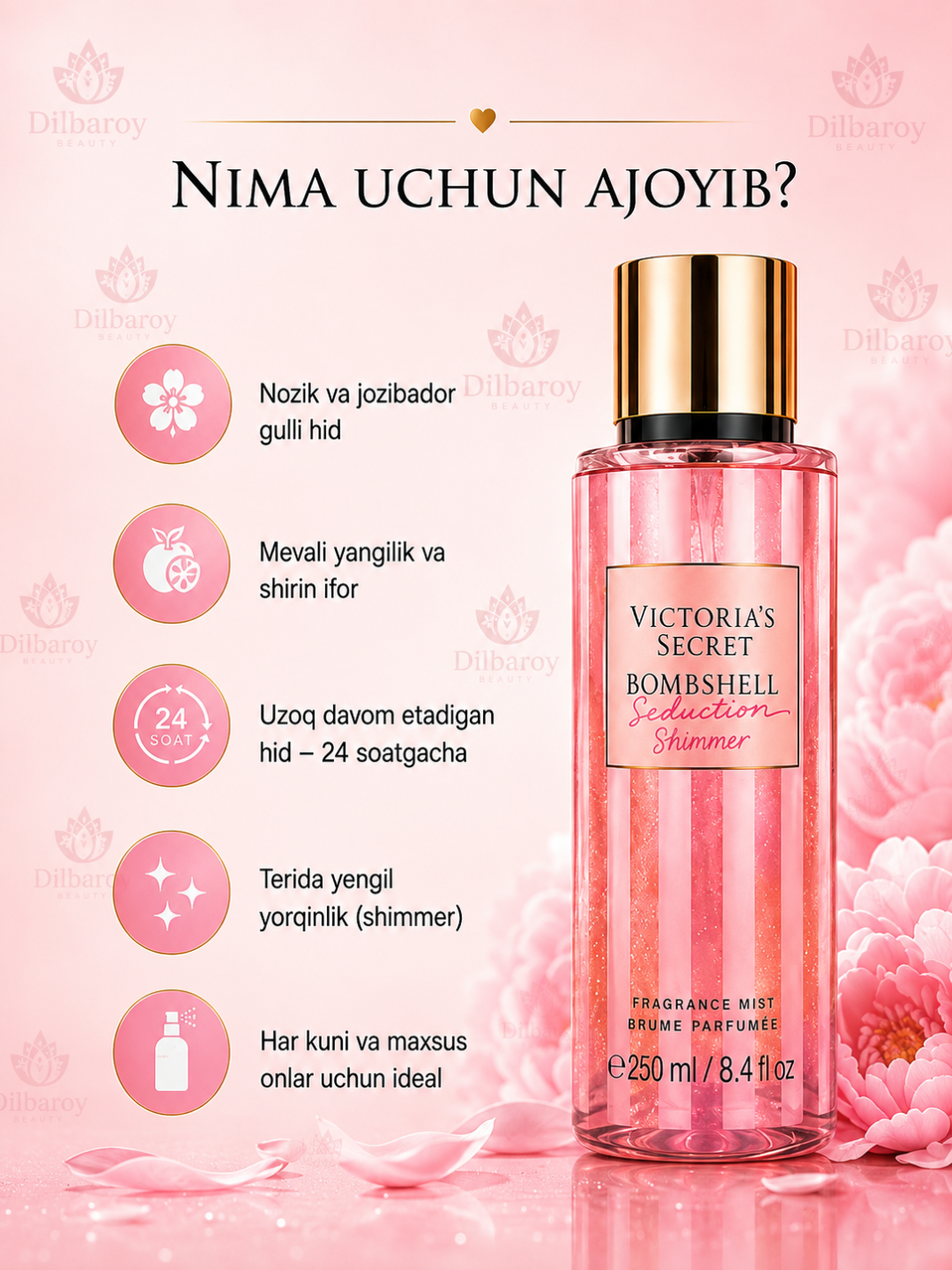 Parfyumlangan tana spreyi suvi Victoria's Secret Spreyi Aqua Kiss Rush, Shimmer, 250 ml