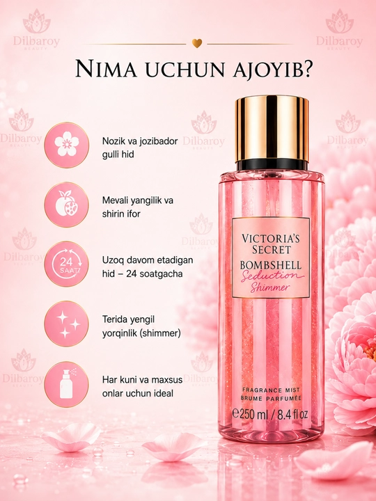 Parfyumlangan tana spreyi suvi Victoria's Secret Spreyi Aqua Kiss Rush, Shimmer, 250 ml