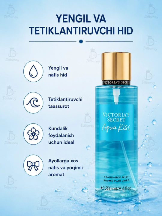 Parfyumlangan tana spreyi suvi Victoria's Secret Spreyi Aqua Kiss Rush, Shimmer, 250 ml