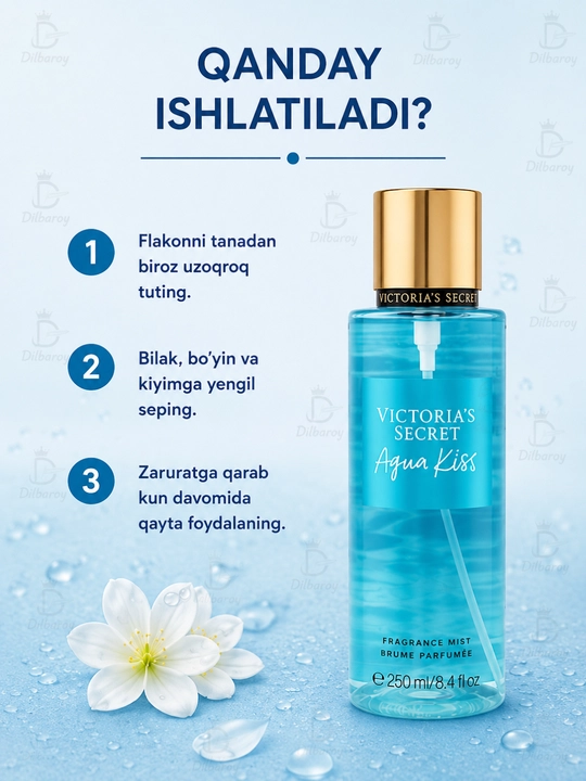 Parfyumlangan tana spreyi suvi Victoria's Secret Spreyi Aqua Kiss Rush, Shimmer, 250 ml
