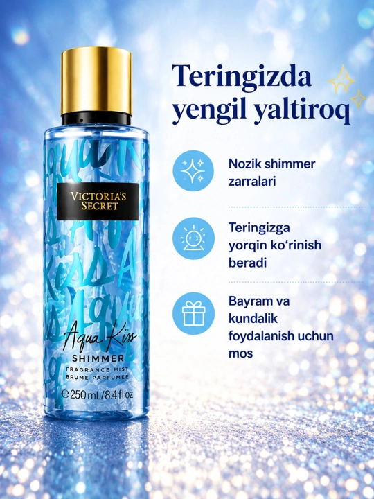 Parfyumlangan tana spreyi suvi Victoria's Secret Spreyi Aqua Kiss Rush, Shimmer, 250 ml