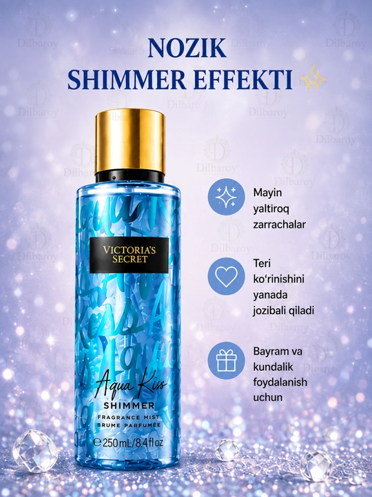 Parfyumlangan tana spreyi suvi Victoria's Secret Spreyi Aqua Kiss Rush, Shimmer, 250 ml