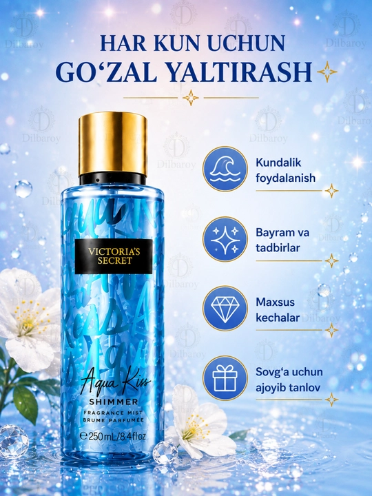 Parfyumlangan tana spreyi suvi Victoria's Secret Spreyi Aqua Kiss Rush, Shimmer, 250 ml