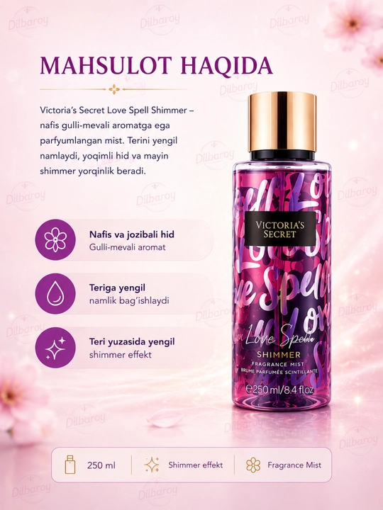 Parfyumlangan tana spreyi suvi Victoria's Secret Spreyi Aqua Kiss Rush, Shimmer, 250 ml