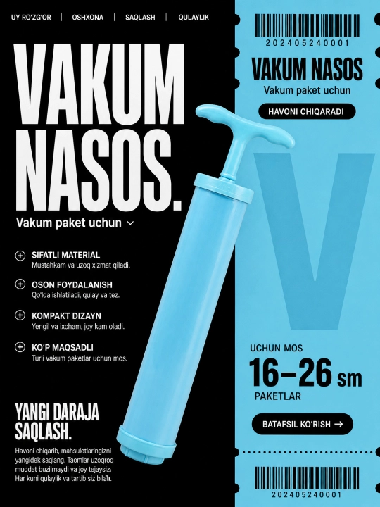Paketlar uchun vakuum nasos, qo‘lda ishlatiladigan - havoni so‘rib olish uchun nasos - 