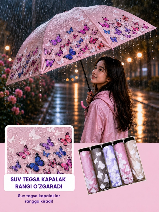 Kapalakli soyabon yomgir yogsa kapalaklani rangi ozgaradi yomg‘ir soyaboni - 