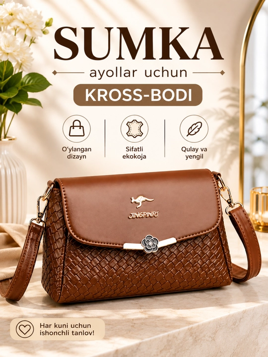 Ayollar sumkasi krossbodi yelkama ekokozhadan, sozlanadigan tasma va fermuarli cho‘ntakli
