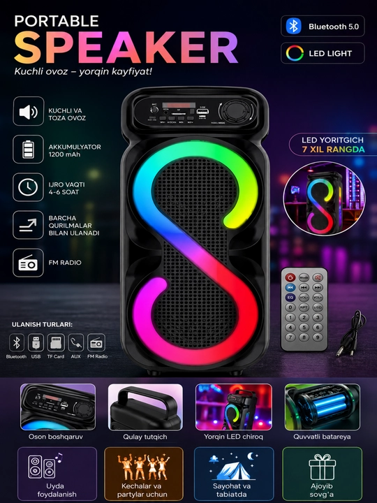 Portativ Bluetooth karnay, LED RGB yoritgichli, USB/TF/AUX/FM, pult bilan - 