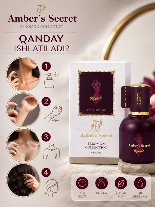 Ayollar uchun moyli atir Amber’s Secret Feromon 10 ml – Fascinate