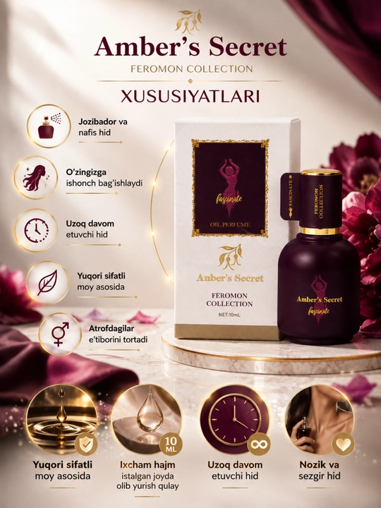 Ayollar uchun moyli atir Amber’s Secret Feromon 10 ml – Fascinate