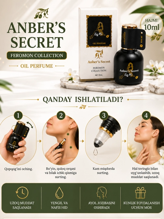 Ayollar uchun moyli atir Amber’s Secret Feromon 10 ml – Fascinate