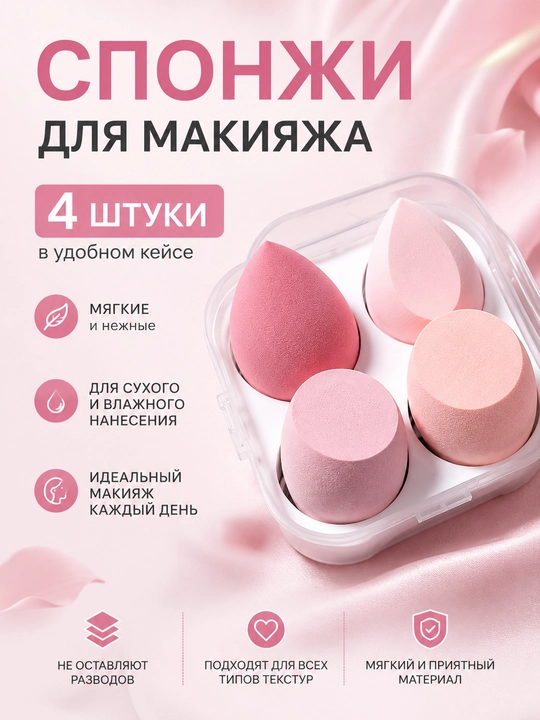 Косметический спонж, 4-штуки в одном кейсе, для макияжа, мягкий, для тонального крема и пудры - 