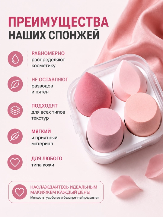 Kosmetik gubka, bitta g‘ilofda 4 dona, makiyaj uchun, yumshoq, tonal krem va upa uchun