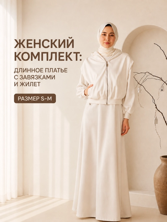 Женская одежда двойка, белый костюм, платье длинное, на завязках, жилет, размер S–M
