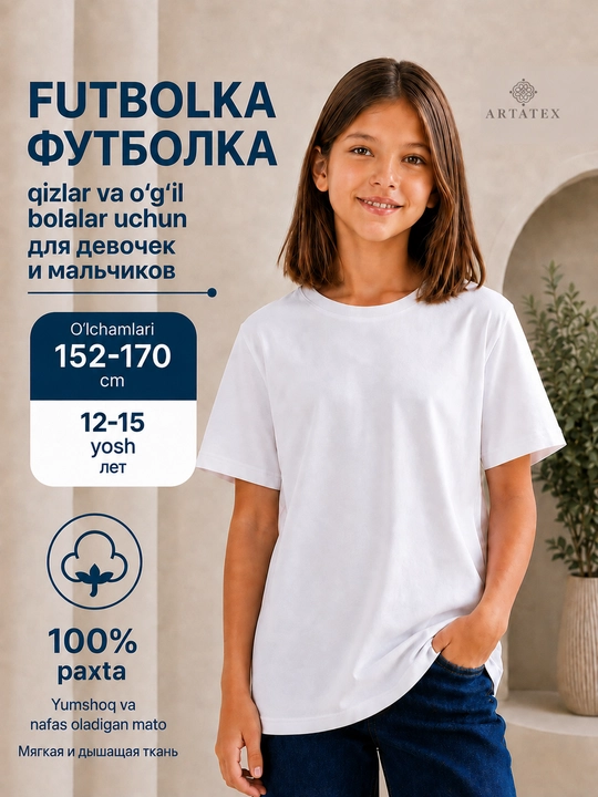 O‘g‘il bolalar va qizlar uchun bolalar futbolkasi, o‘smirlar uchun oq futbolka