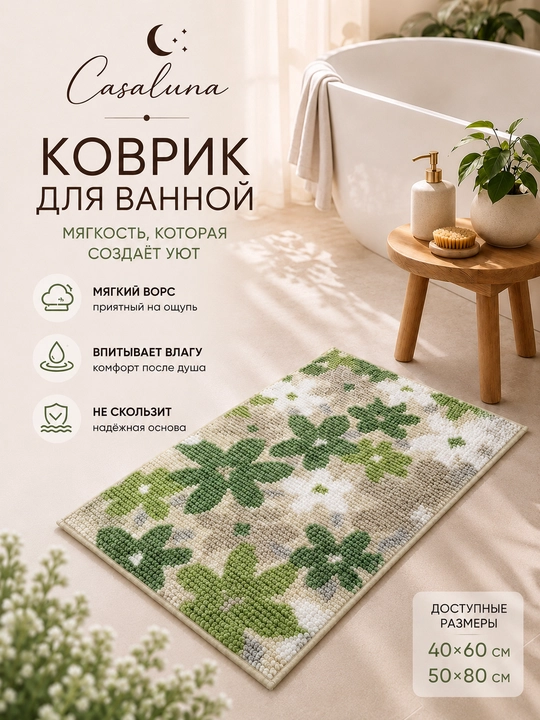 Коврик для ванной и туалета противоскользящий, цветной - 