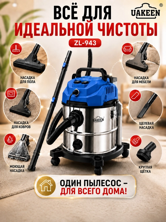 Моющий пылесос 10 насадок, Uakeen с аквафильтром , для сухой и влажной уборки