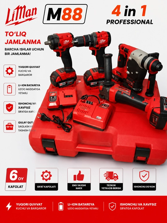Ko‘p funksiyali M88 LiMan 4/1 elektr asboblar to‘plami
