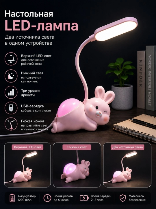 Настольная LED лампа зайчик 2 источника света USB ночник - 
