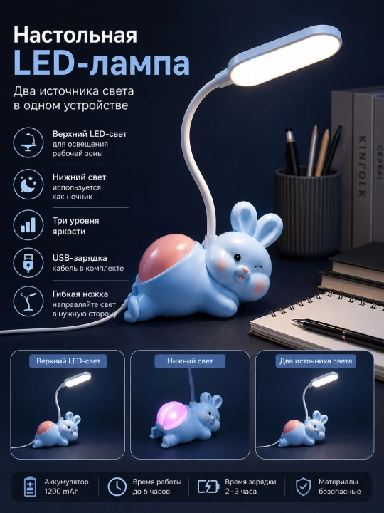 Настольная LED лампа зайчик 2 источника света USB ночник - 