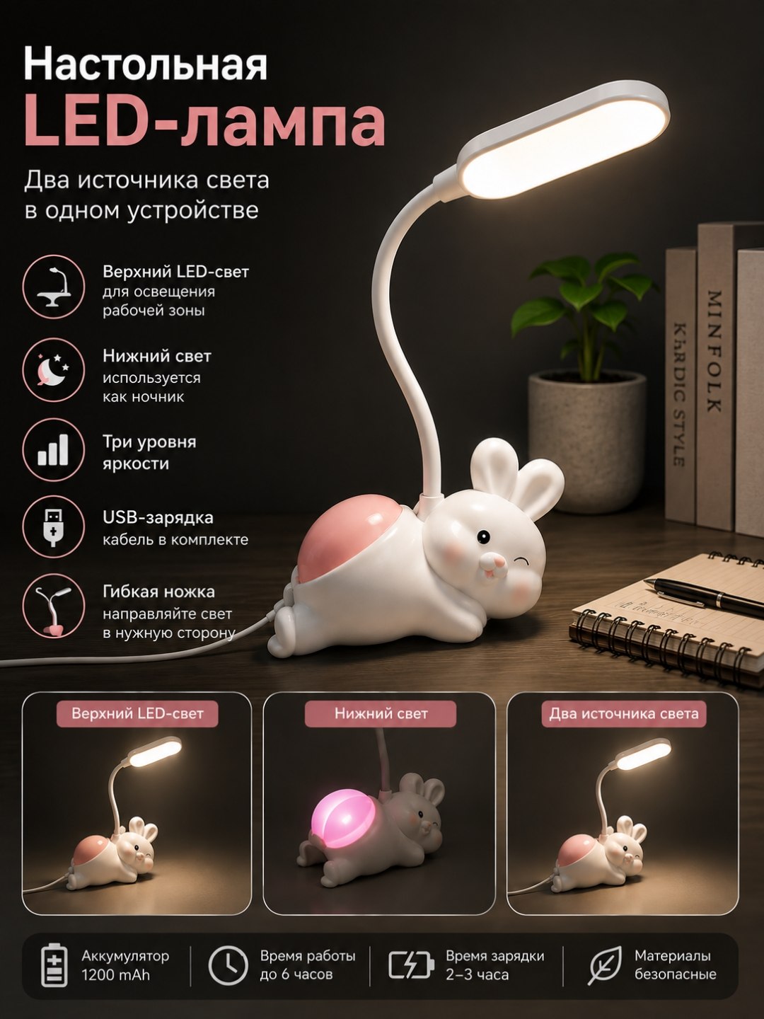 Настольная LED лампа зайчик 2 источника света USB ночник - 
