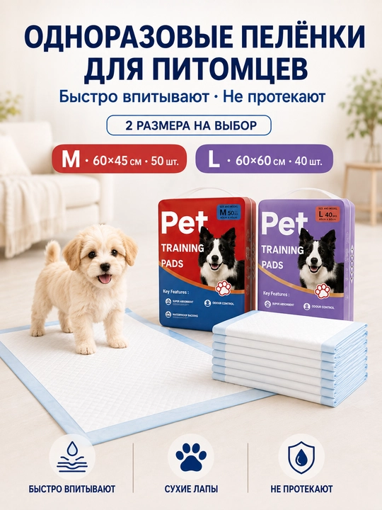 Itlar va mushuklar uchun bir martalik 60x45, 60x60 gigiyenik, shimib oluvchi yo‘rgaklar - 