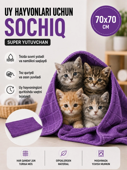 Pol latta, uy hayvonlari uchun sochiq, mikrofibra 70 * 70 sm