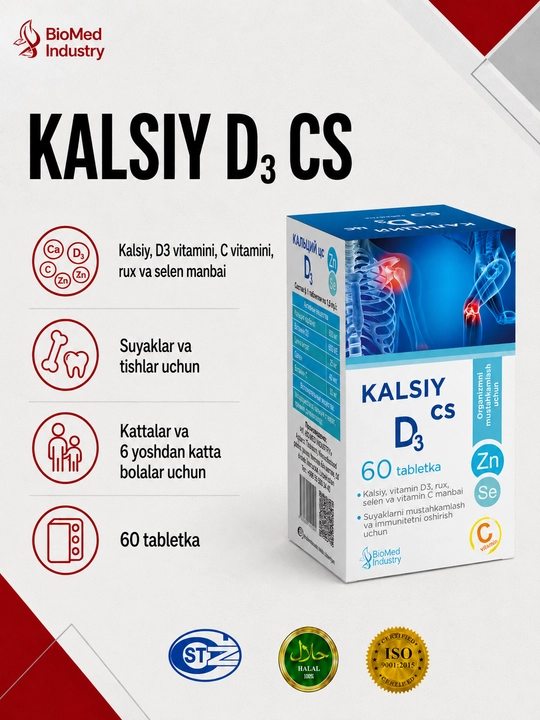 Kalsiy D3 CS — suyak va tishlar uchun vitamin-mineral majmua, 60 tabletka - 