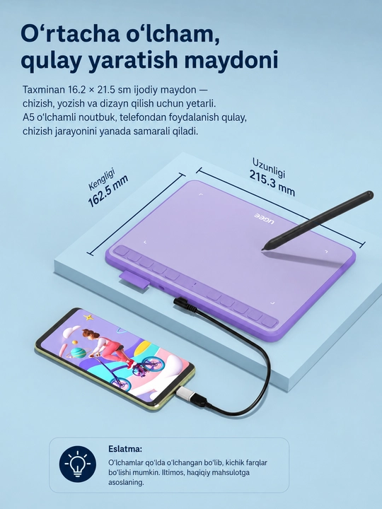 Grafik planshet Ugee S640, 16K bosim sezgirligi, 10 ta tezkor tugma, Windows va Mac uchun
