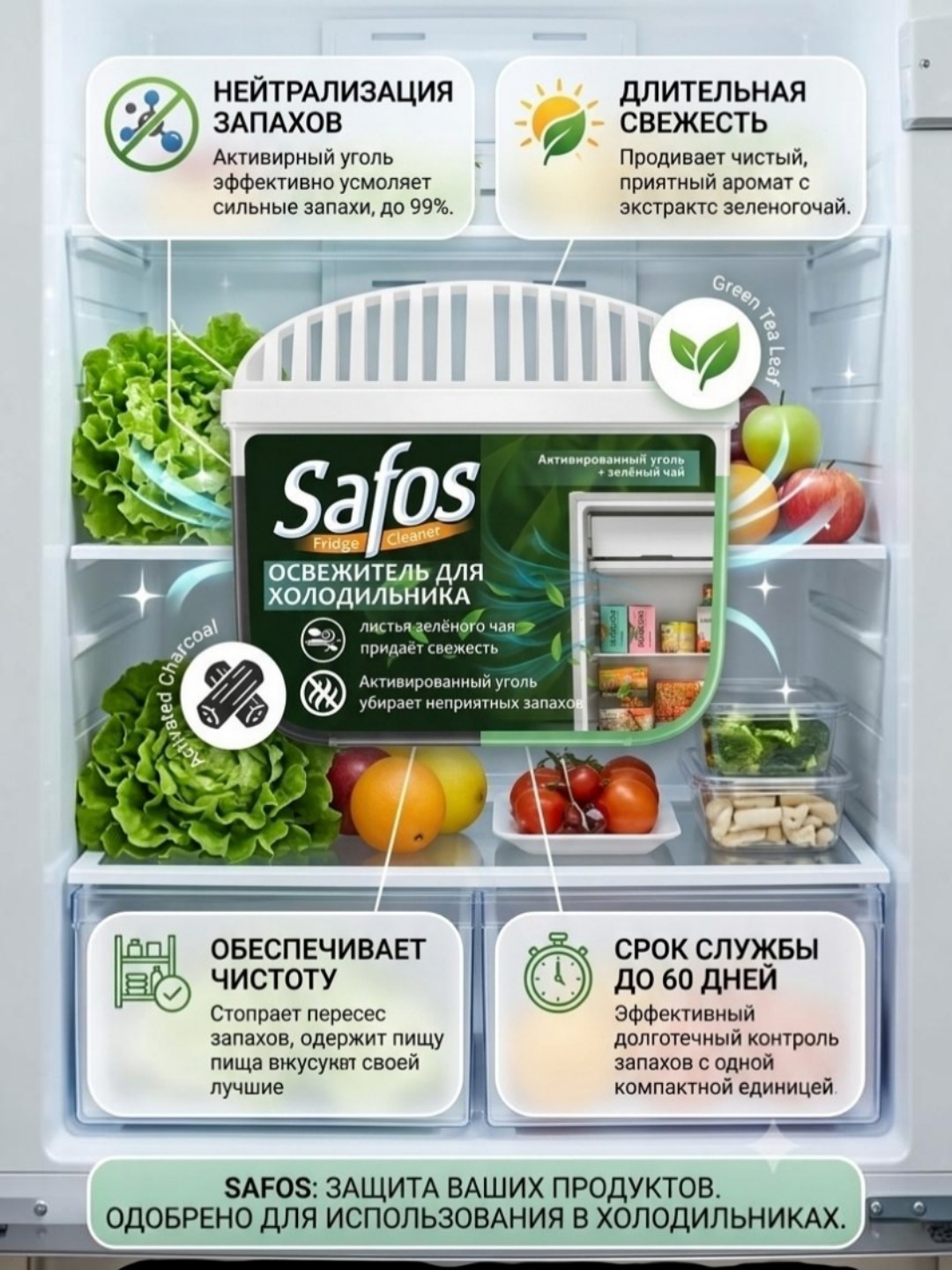 Safos Fridge Cleaner — освежитель и поглотитель запахов для холодильника - 