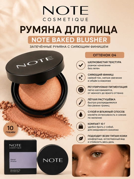 Румяна NOTE Baked Blusher 10 г, запечённые, сияющий финиш, оттенок 03/04/06 - 