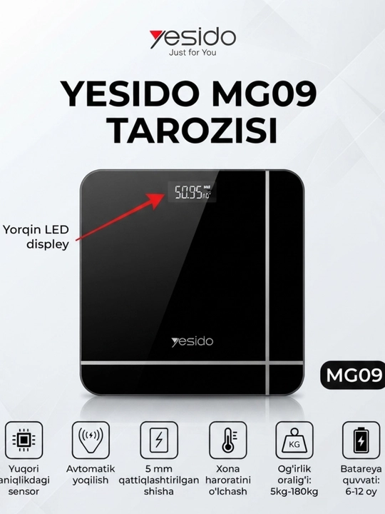 Yesido MG09 Elektron Tarozi, LED Displey, 5–180 kg