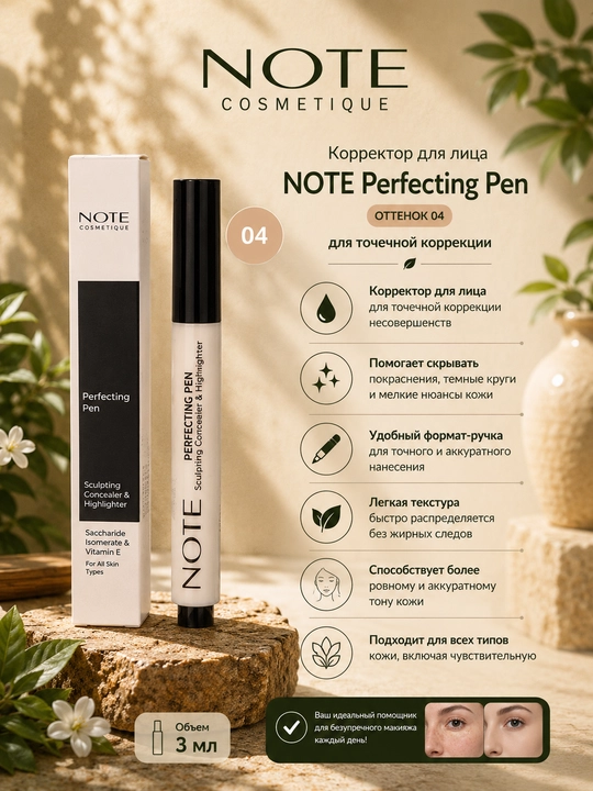 NOTE Perfecting Pen 3 ml yuz uchun korrektor 02, 03, 04 ranglar nuqtali tuzatish uchun - 