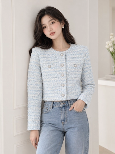 Ayollar uchun qisqa tvid jaket, tugmali klassik pidjak
