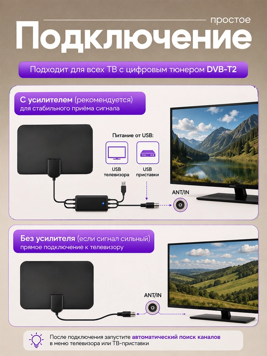 Xona uchun raqamli TV antenna DVB-T2 3 m kabel bilan