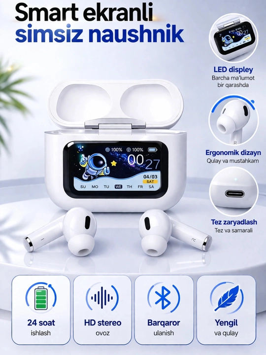Наушники A9 AIR PRO с функцией шумоподавления (ANC), Bluetooth 5.4 и экранными кнопками - 