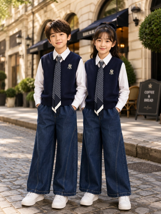 O‘g‘il va qiz bolalar uchun maktab formasi 4 qismli, jilet, ko‘ylak, shim, 6–10 yosh - 