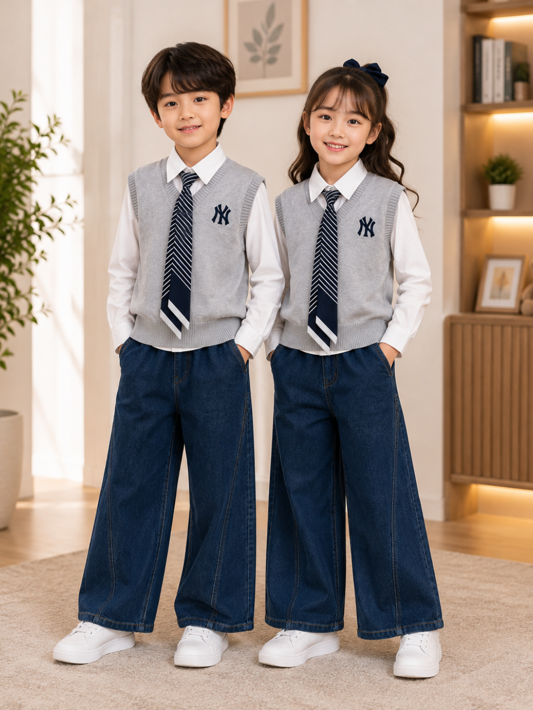 O‘g‘il va qiz bolalar uchun maktab formasi 4 qismli, jilet, ko‘ylak, shim, 6–10 yosh - 