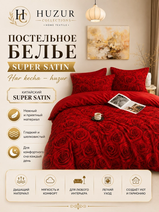 Комплект из супер-сатина 2-спальный — HUZUR COLLECTIONS, постель, мягкое 100% хлопок - 